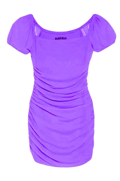 Katie J NYC Anya Mesh Dress with puff sleeves in Periwinkle. Has ruching on sides, is body contouring.