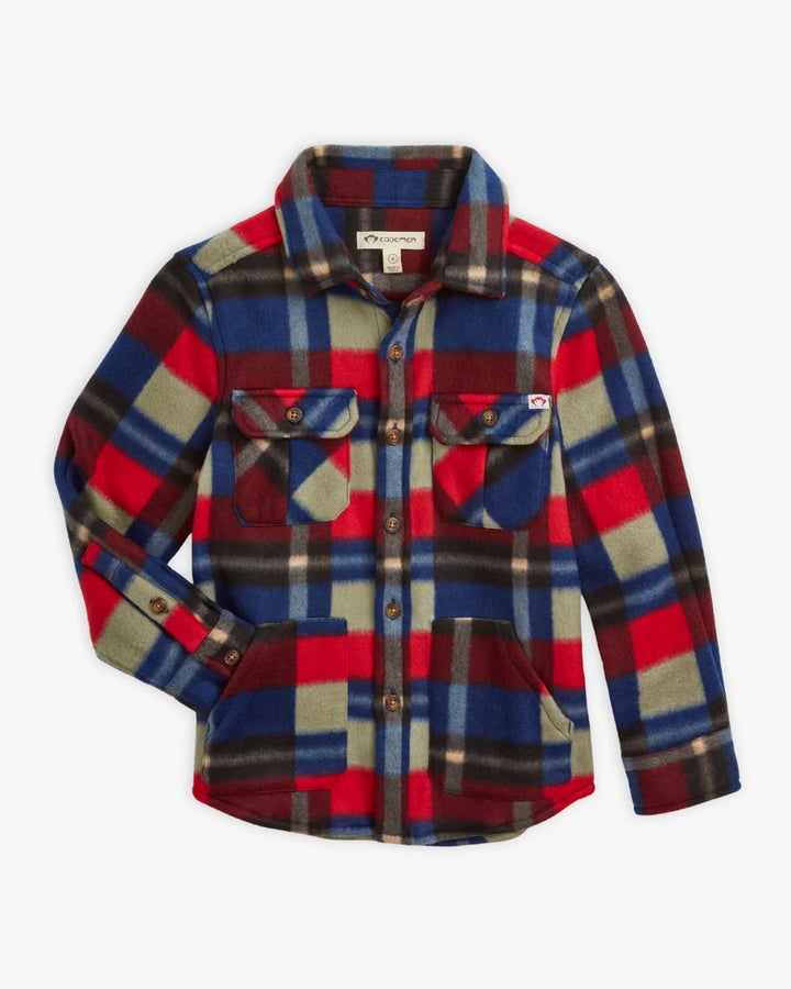 Plaid shirt with red, blue, and green pattern on a white background