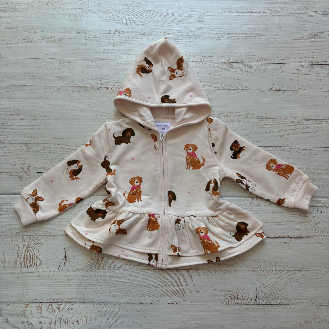 Baby Girls Sweater | Zip Peplum Hoodie: Best Friend Dogs- Pink | Angel Dear