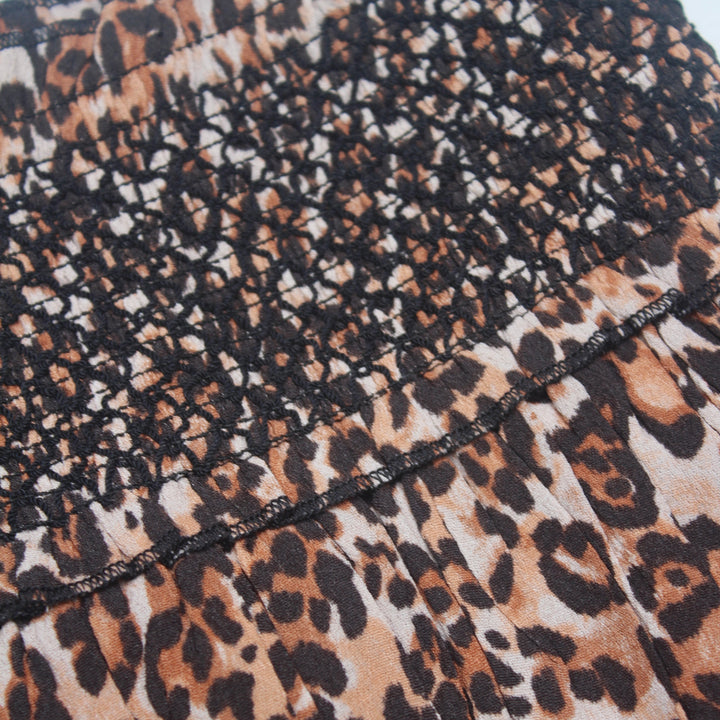 Close-up of leopard print fabric with visible stitching