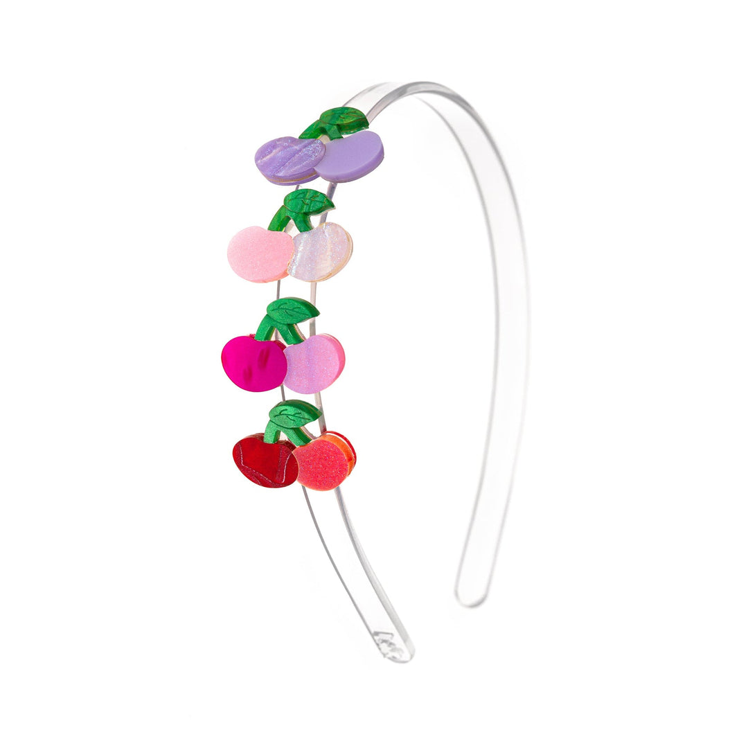 Colorful headband with cherry designs on a white background