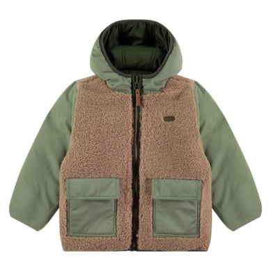 sherpa jacket with hood. camel and hunter green color. pockets on outside and front. 