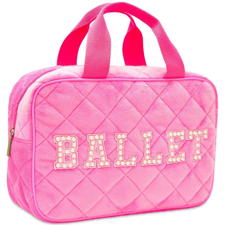 This is another view of the cosmetic bag, it is pink and has handles. 