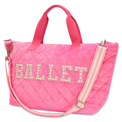 sideview of pink overnight tote with Ballet written on it with pearl applique patches written on the side of it. 