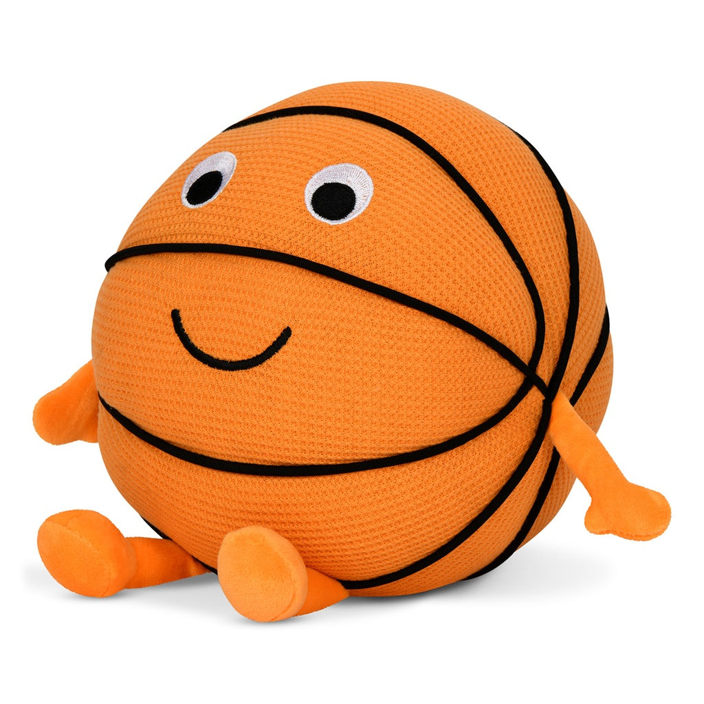 Plush toy shaped like a basketball with a face on a white background