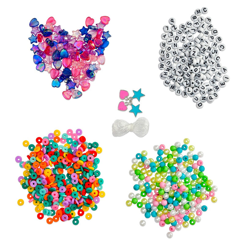 The 4 different kinds of beads you get in the kit: round pastel, letters, shiny hearts and stars and flat round beads in primary colors