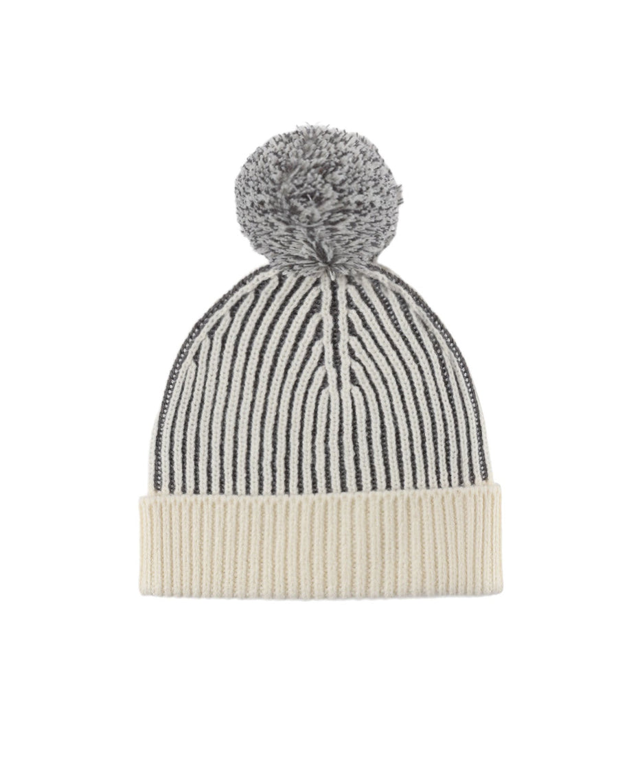 baby beanie striped with a pom pom on the top. 