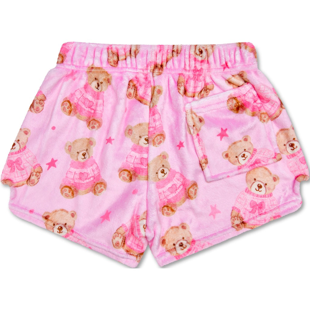 Pink pajama shorts with teddy bear pattern on a white background