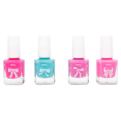 this picture shows the set of 4 nail polishes: pink, teal, light pink and pink sparkle. All 4 bottles have a white bow etched onto the front. 