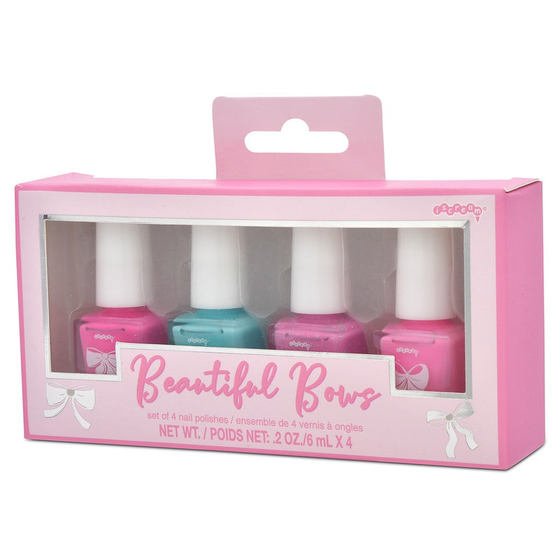 4 nail polishes in a gift package: pink, light pink, teal and pink sparkle. 