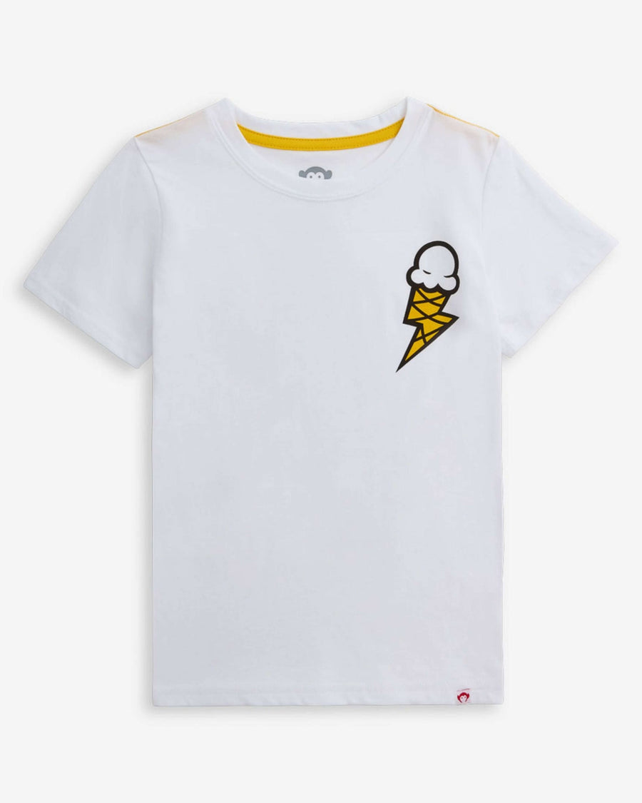 White t-shirt with ice cream cone graphic on a white background