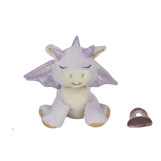 Plush dragon toy with purple accents on a white background