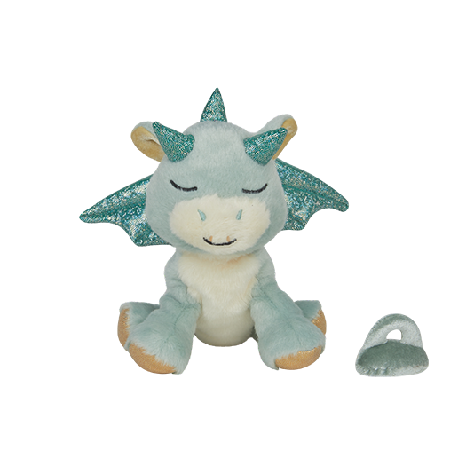 Plush dragon toy with green wings on a white background