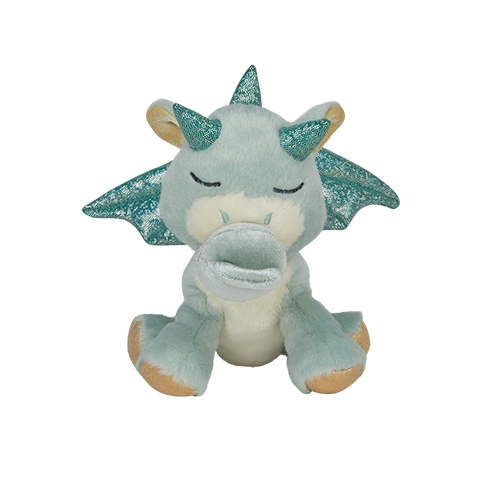 Plush dragon toy with green and white color scheme on a white background