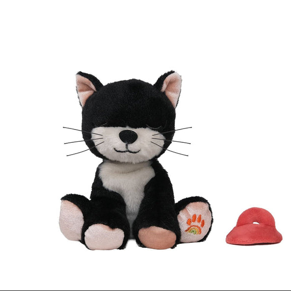 Black and white cat-shaped plush toy with a red toy attached on a white background