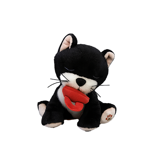 Black and white cat plush toy with a red heart on a white background