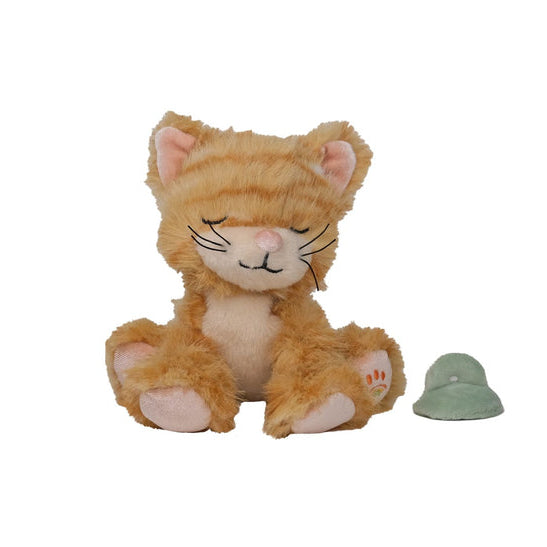 Plush cat toy with a green pacifier on a white background