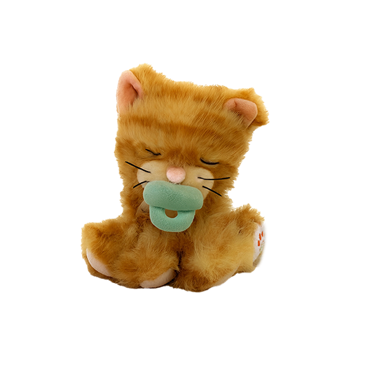 Plush cat toy with a pacifier on a white background