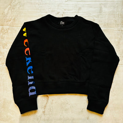 Black Sweatshirt featuring the graphic WEEKEND in rainbow colors on sleeve  from Flowers by Zoe.