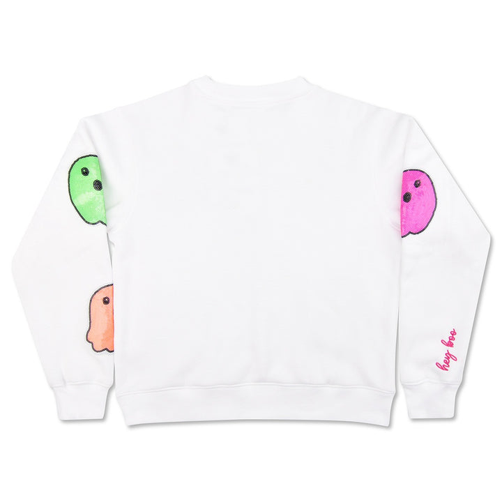 White sweatshirt with colorful ghost designs on a white background