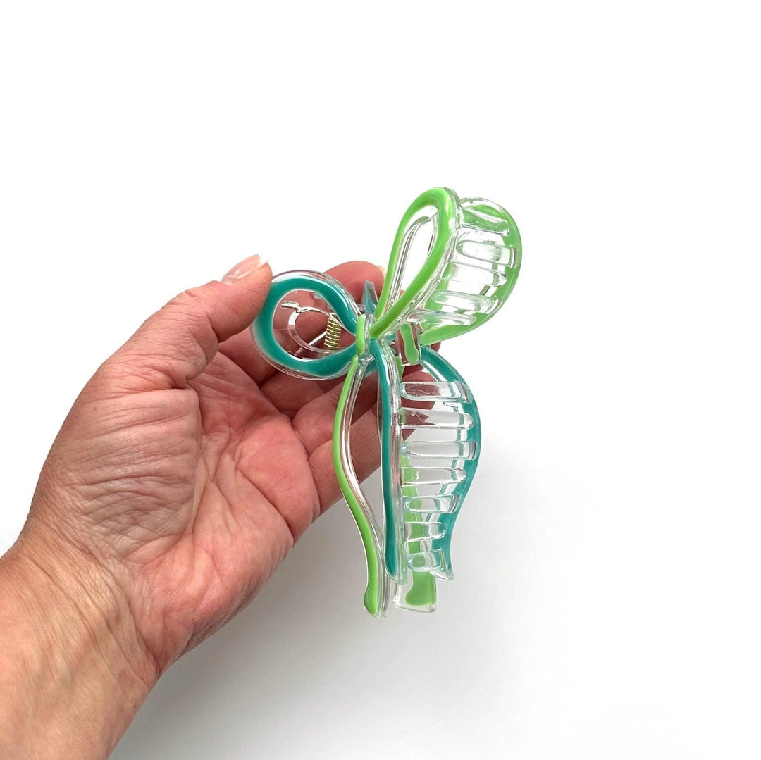 Green and Aqua Bow Claw Clip from Iconic Mi.