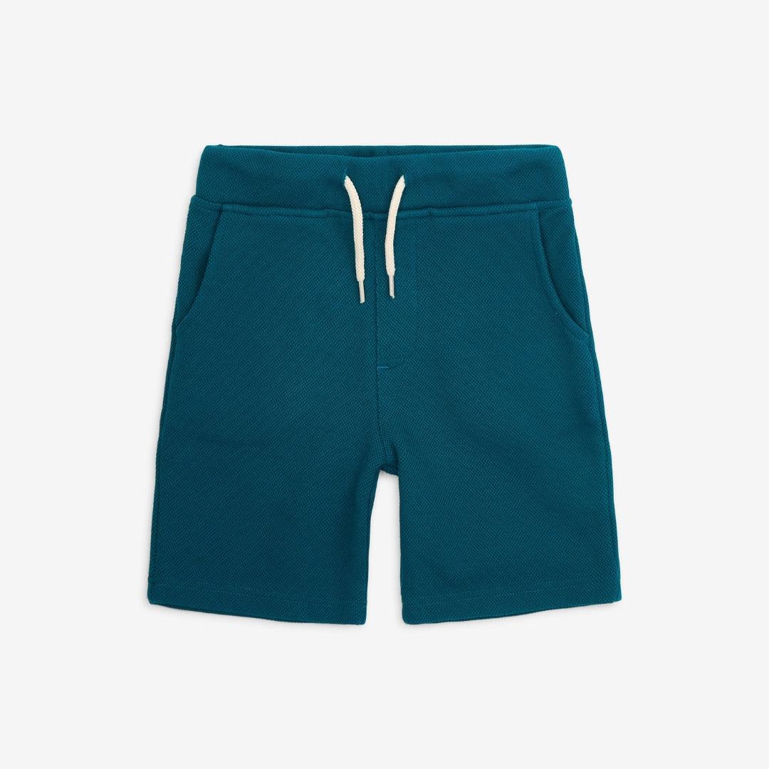 cotton everyday shorts with an elastic waist and drawstring in a teal color. 