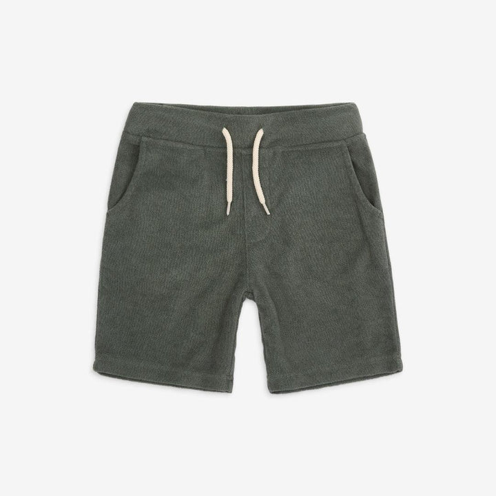 sage green terry cloth fabric shorts with drawstring. 