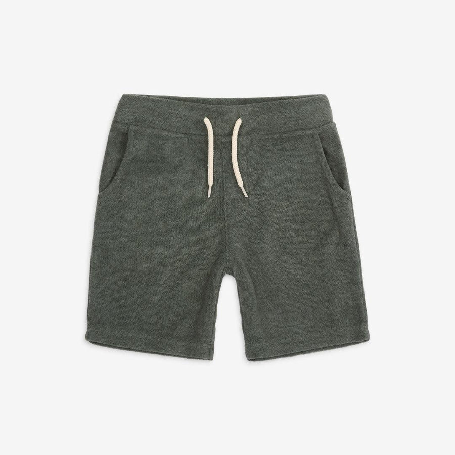 sage green terry cloth fabric shorts with drawstring. 