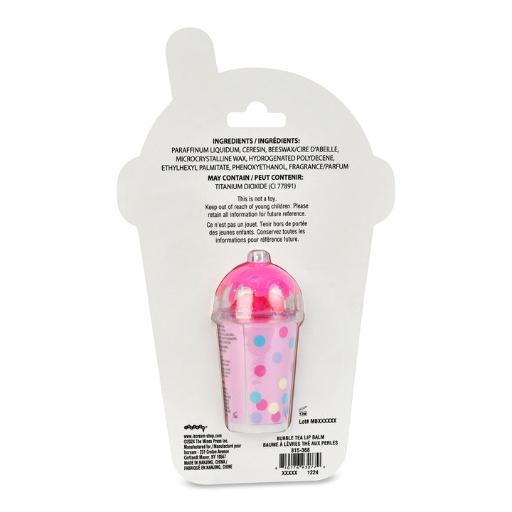 Back of a packaging for a bubble tea lip balm with ingredient list on a white background