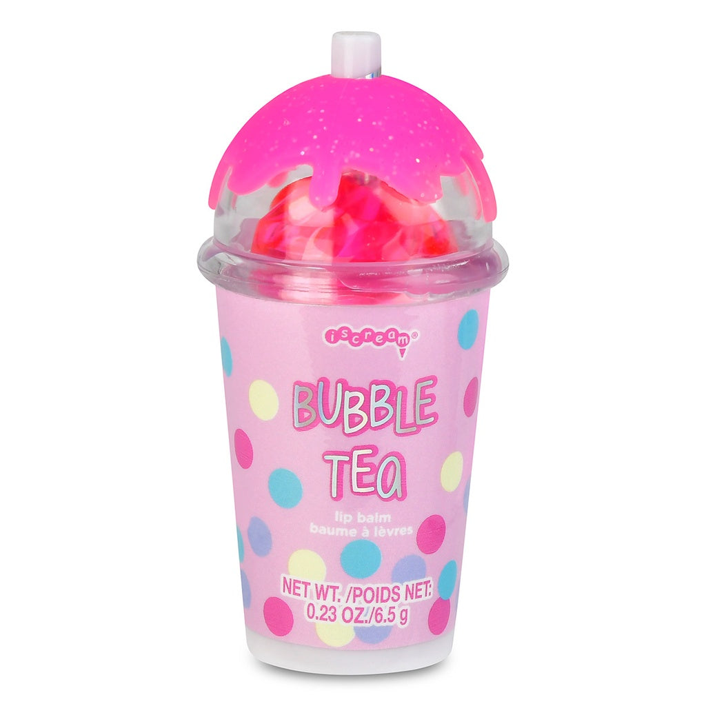 Bubble tea lip balm with colorful polka dots on a white background