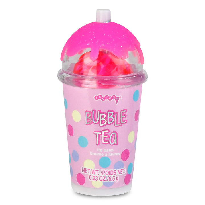 Bubble tea lip balm with colorful polka dots on a white background