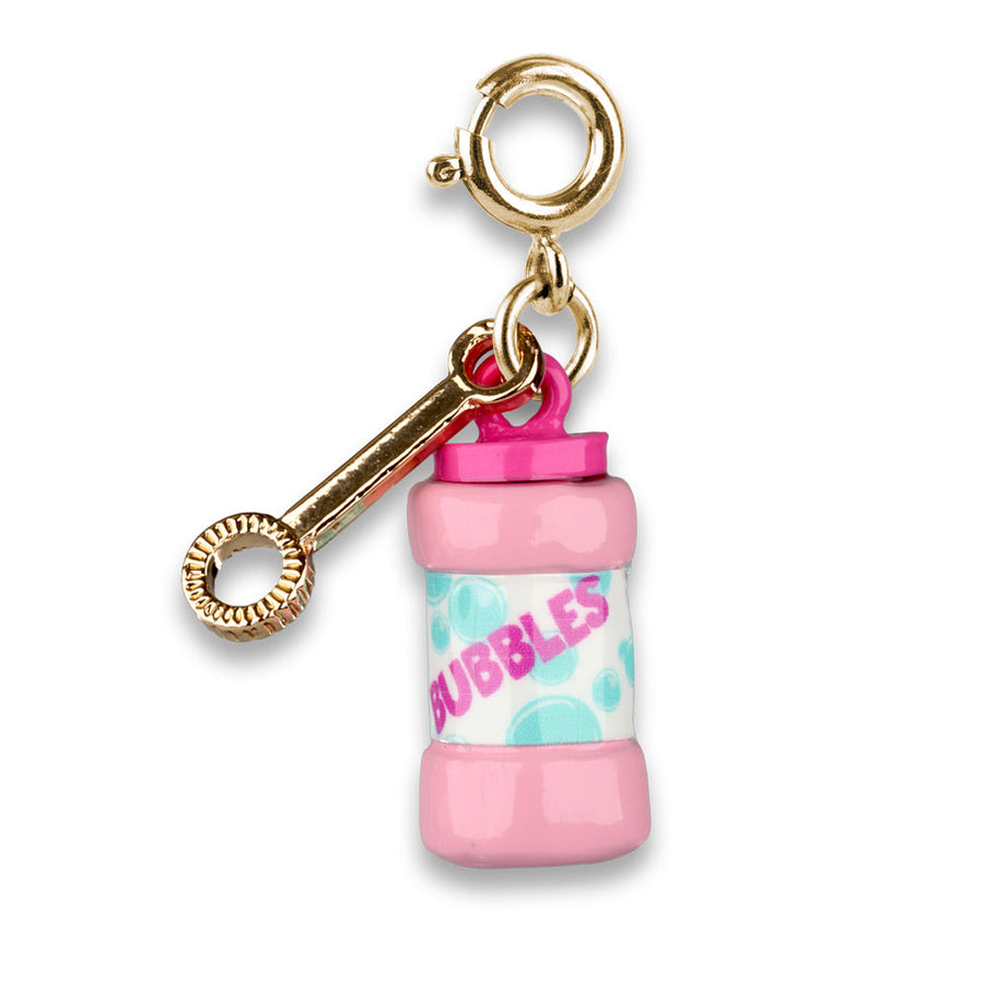 Pink bubble bottle charm with gold clasp on a white background