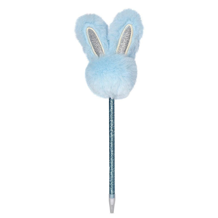 blue plushy bunny head on the top of a sparkle blue pen. 