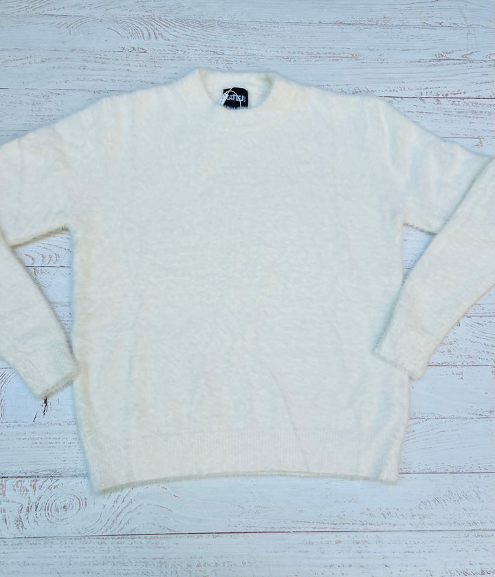 Oversized Mara Fuzzy Knit Crewneck Sweater in Cream by Katie J NYC