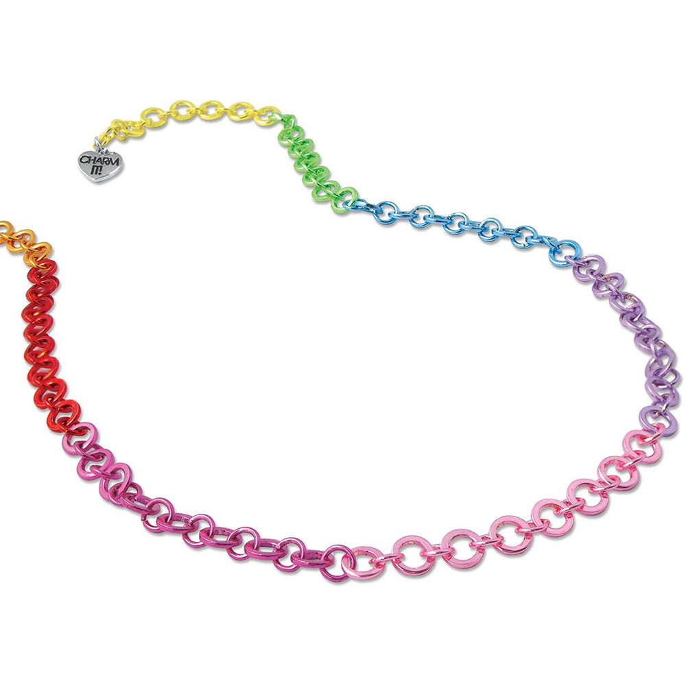 Rainbow chain necklace on a white background