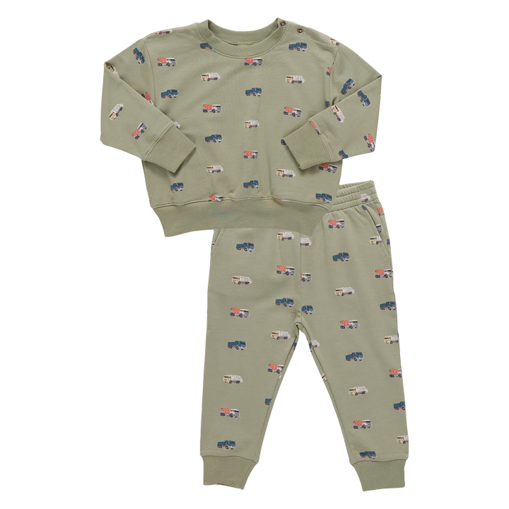 Children's sweat set with truck pattern on a white background