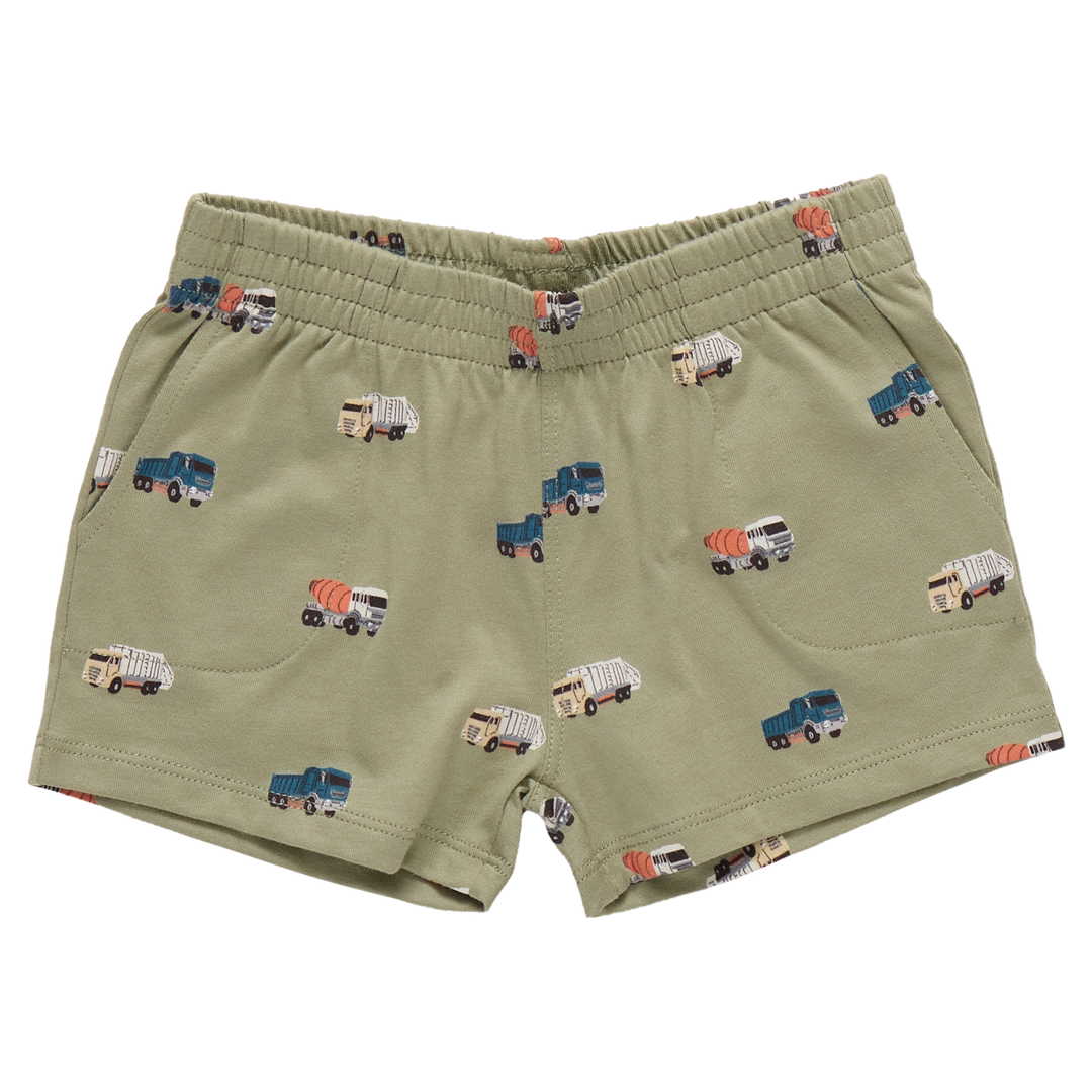 Green shorts with truck pattern on a white background