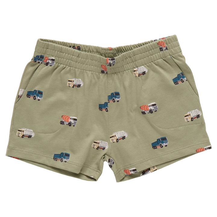 Green shorts with truck pattern on a white background