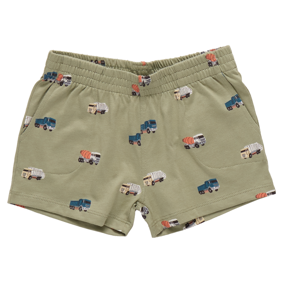 Green shorts with truck pattern on a white background