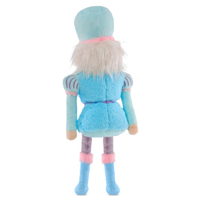 back of nutcracker plush in a blue outfit. you can see his fuzzy hair!