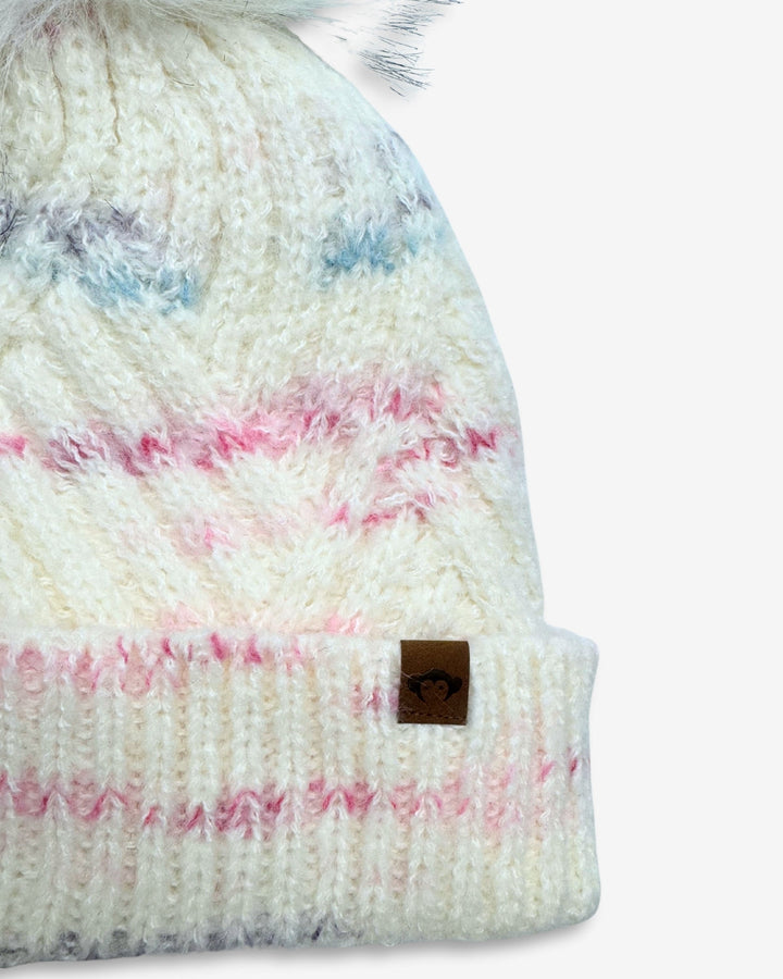 Knitted beanie with colorful pattern and brand logo on a white background
