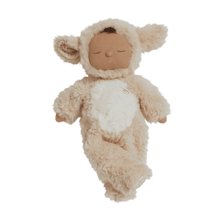 baby doll dressed as a biege lamb doll 