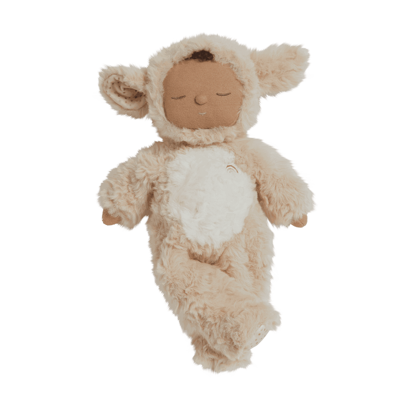 baby doll dressed as a biege lamb doll 