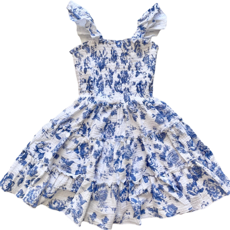 large cabbage rose pattern all over a cotton gauze dress with tank style straps. white base color. 
