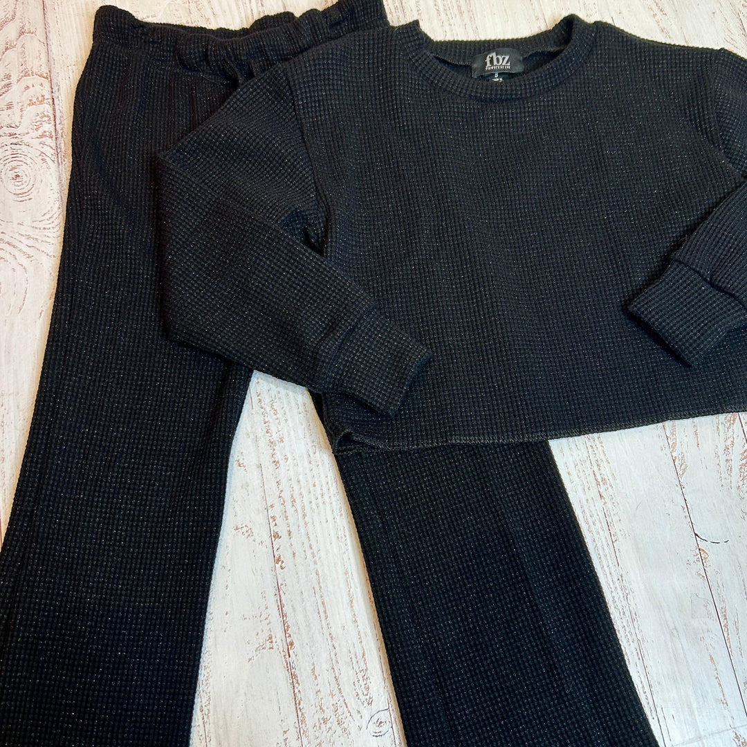 Tween Sets | 2 PCS: Black Waffle Sparkle Hoodie and Pant Set | Flowers by Zoe