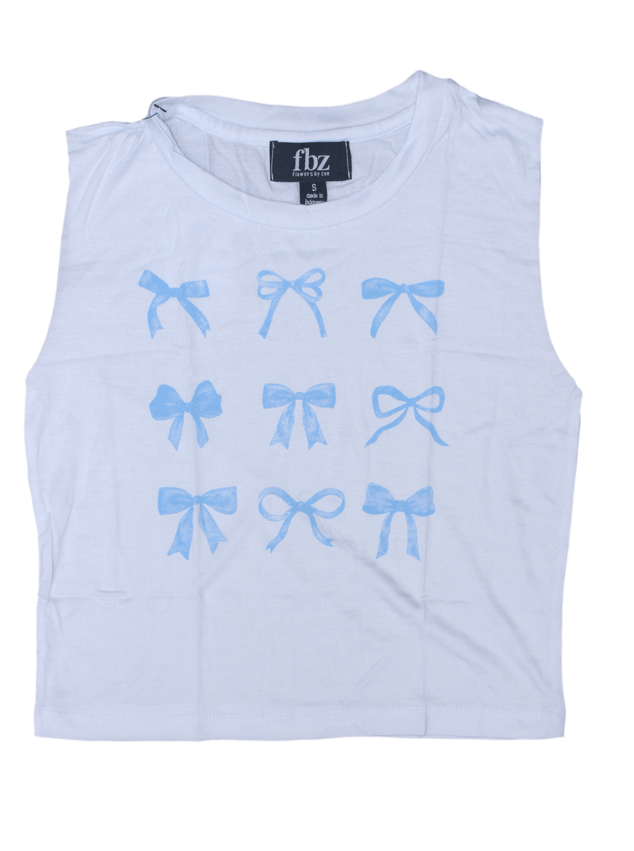 white tank with 9 different coquette bows, bows are blue. 