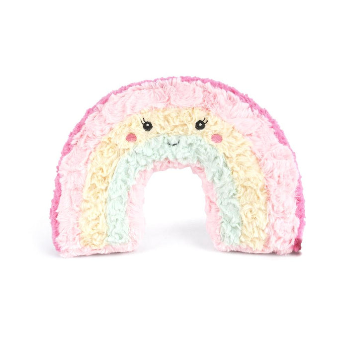 Pastel rainbow-shaped plush toy with a smiling face on a white background