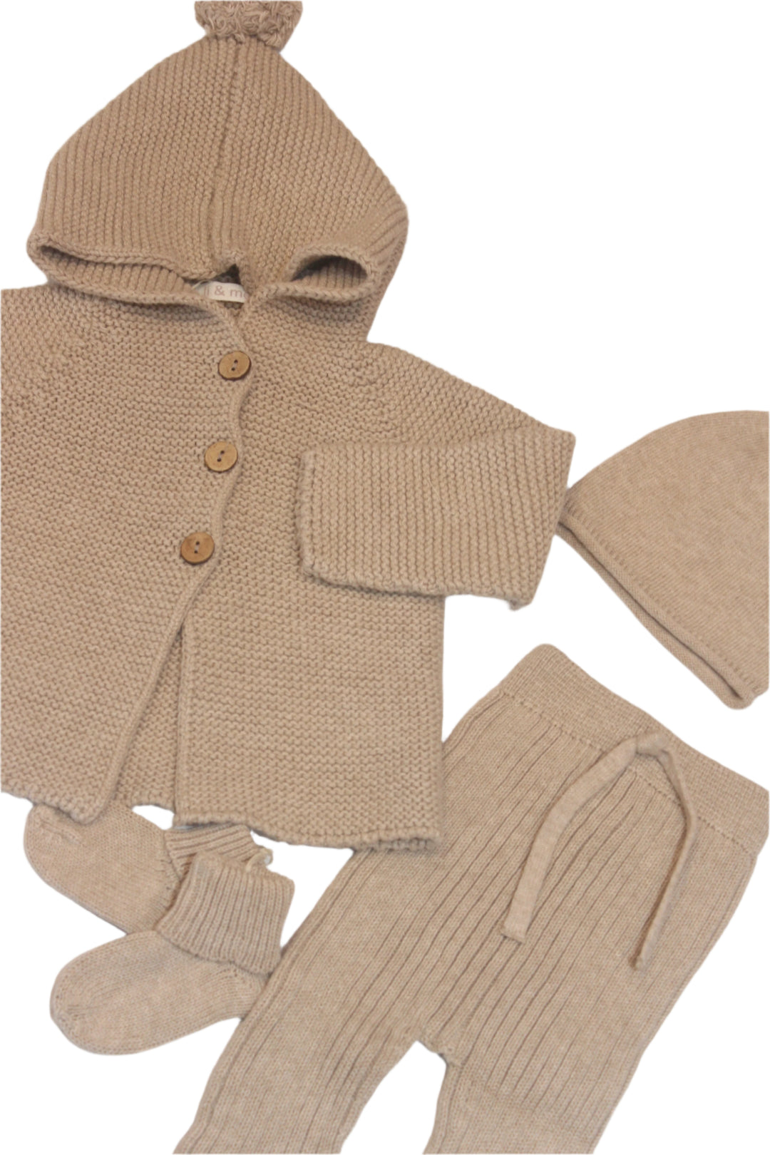 knit baby items in a toasted beige/light brown color: hooded sweater, knit pants, socks and baby knit hat. all in the same color and fabrication. 