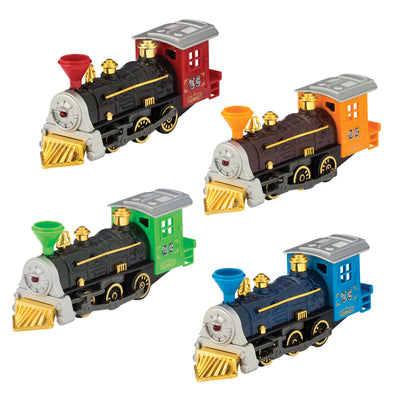 die cast metal trains, black base each with a different color for the main compartment: orange, blue, green, red