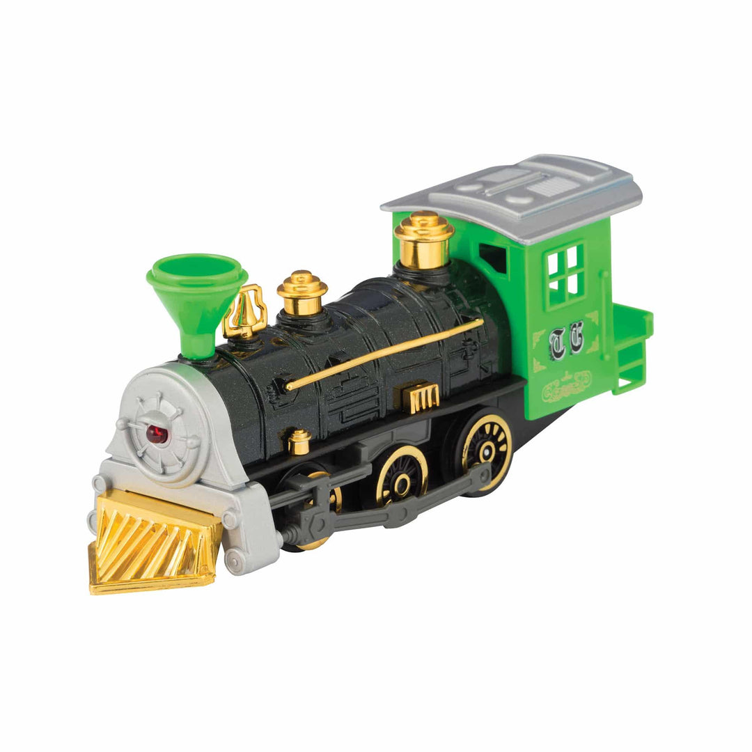 locomotive train with black base and green compartment 